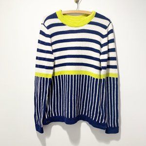 Hatley Striped Wool Blend Sweater Size Small Tunic Buttons Navy Green Off White